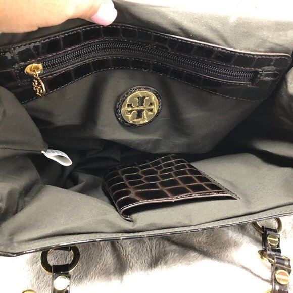 Tory Burch Retired Dark Brown Patent Leather Croc Embossed Gold Hardware Bag - Picture 8 of 12